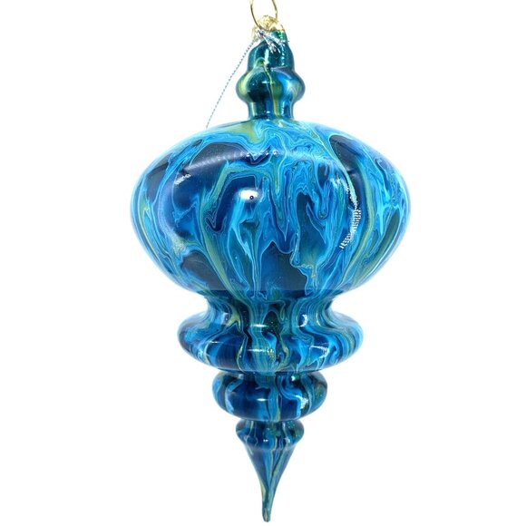 Hand-Blown Glass Ornament by Paper Destiny • Blue Green Swirl • Teardrop Finial - Picture 1 of 9